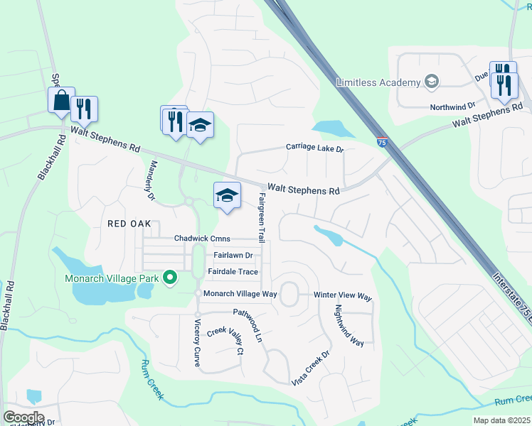 map of restaurants, bars, coffee shops, grocery stores, and more near 654 Fairgreen Trail in Stockbridge