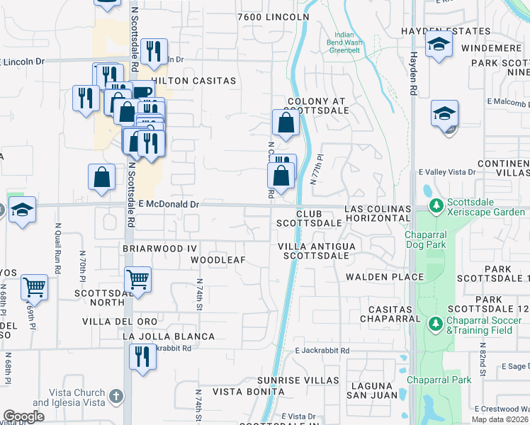 map of restaurants, bars, coffee shops, grocery stores, and more near 7595 East McDonald Drive in Scottsdale
