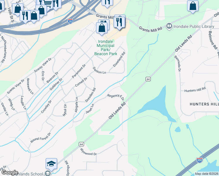 map of restaurants, bars, coffee shops, grocery stores, and more near 5103 Janet Lane in Irondale