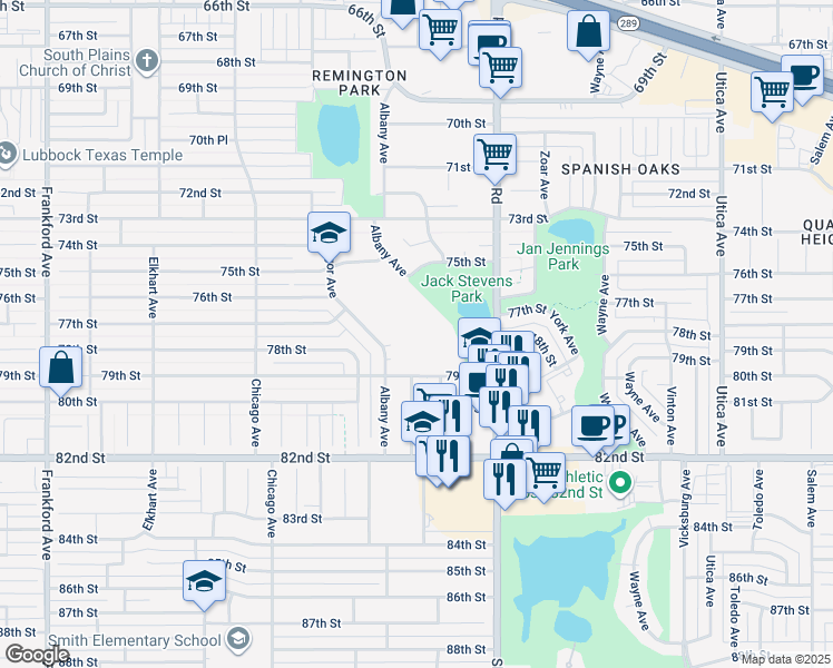 map of restaurants, bars, coffee shops, grocery stores, and more near 5214 79th Street in Lubbock