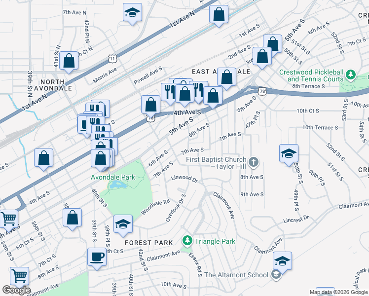 map of restaurants, bars, coffee shops, grocery stores, and more near 4420 7th Avenue South in Birmingham
