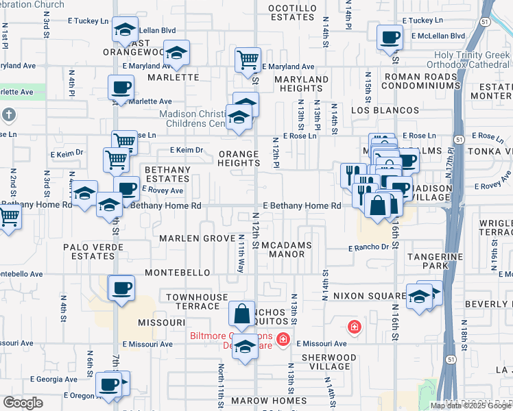 map of restaurants, bars, coffee shops, grocery stores, and more near North 12th Street & East Bethany Home Road in Phoenix