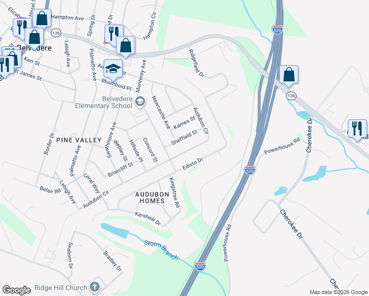 map of restaurants, bars, coffee shops, grocery stores, and more near 433 Audubon Circle in North Augusta