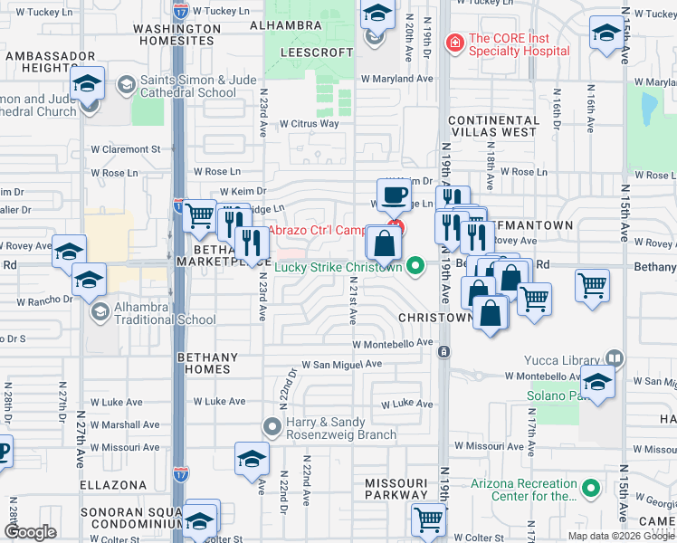 map of restaurants, bars, coffee shops, grocery stores, and more near 5832 North 21st Avenue in Phoenix
