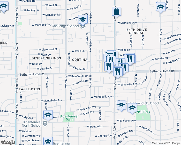 map of restaurants, bars, coffee shops, grocery stores, and more near West Bethany Home Road & North 69th Avenue in Glendale