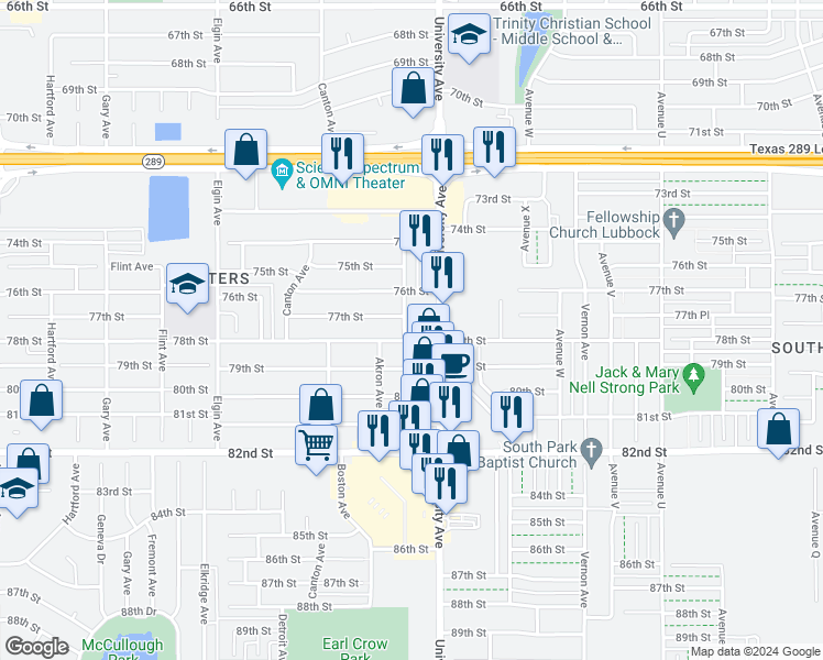 map of restaurants, bars, coffee shops, grocery stores, and more near 7705 Akron Avenue in Lubbock