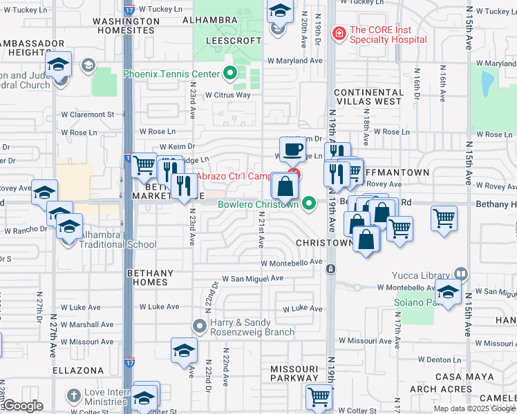map of restaurants, bars, coffee shops, grocery stores, and more near 5832 North 21st Avenue in Phoenix