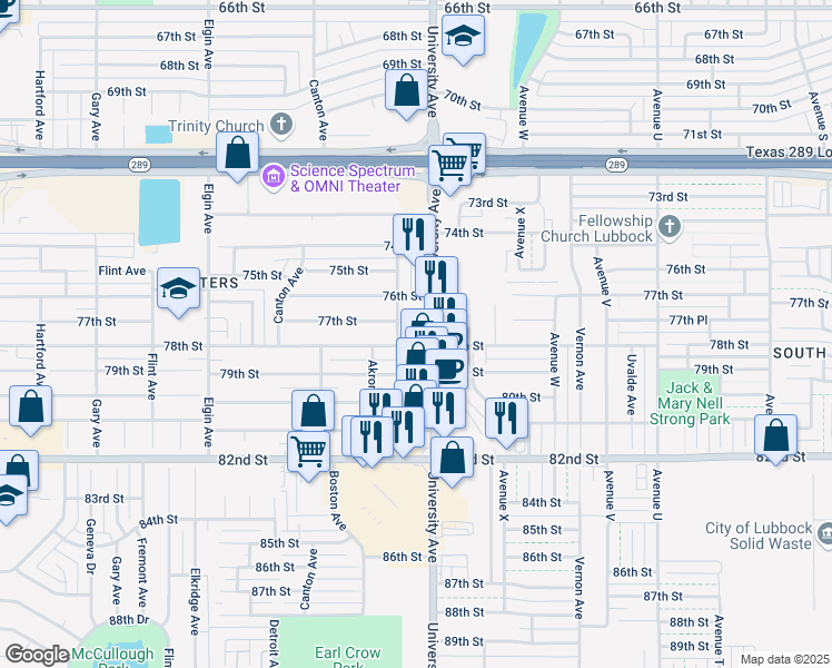 map of restaurants, bars, coffee shops, grocery stores, and more near 7720 University Avenue in Lubbock