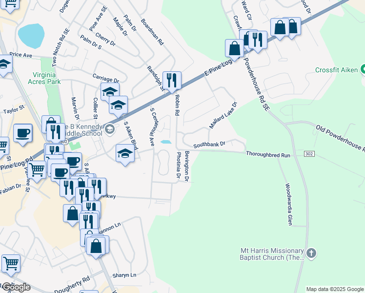 map of restaurants, bars, coffee shops, grocery stores, and more near 280 Southbank Drive in Aiken