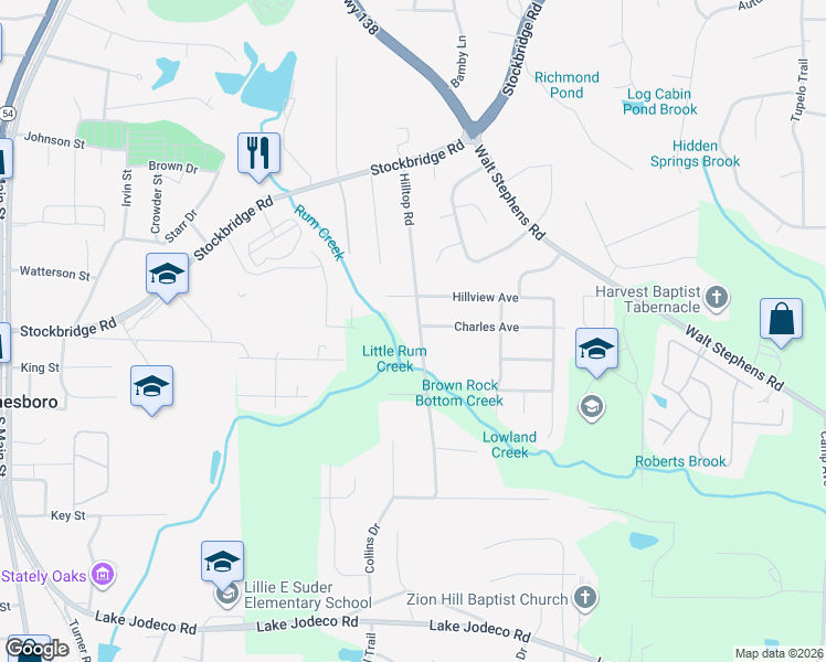 map of restaurants, bars, coffee shops, grocery stores, and more near 8449 Hilltop Road in Jonesboro