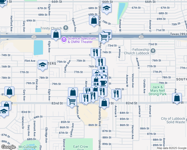 map of restaurants, bars, coffee shops, grocery stores, and more near 7720 University Avenue in Lubbock