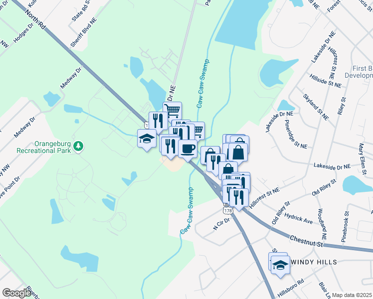 map of restaurants, bars, coffee shops, grocery stores, and more near 2500 N Rd in Orangeburg