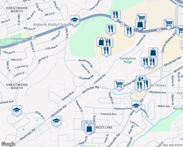 map of restaurants, bars, coffee shops, grocery stores, and more near 5900 Southhall Road in Birmingham