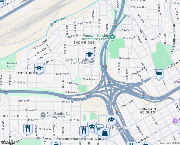 map of restaurants, bars, coffee shops, grocery stores, and more near 423 12th Terrace North in Birmingham