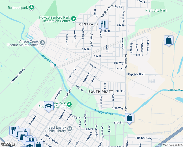 map of restaurants, bars, coffee shops, grocery stores, and more near 724 Avenue H in Birmingham