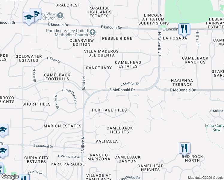 map of restaurants, bars, coffee shops, grocery stores, and more near 4528 East McDonald Drive in Paradise Valley