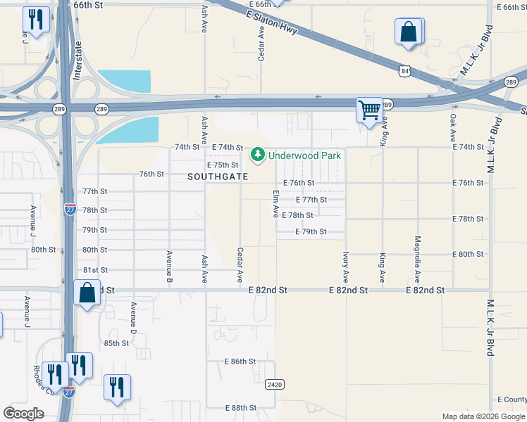 map of restaurants, bars, coffee shops, grocery stores, and more near 7602 Elm Avenue in Lubbock