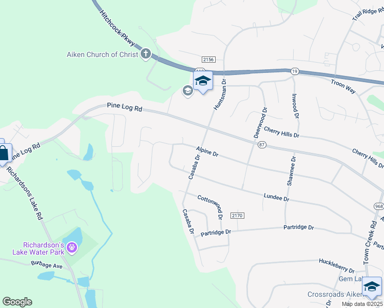 map of restaurants, bars, coffee shops, grocery stores, and more near 2105 Casaba Dr in Aiken