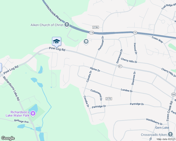 map of restaurants, bars, coffee shops, grocery stores, and more near 2105 Casaba Drive in Aiken