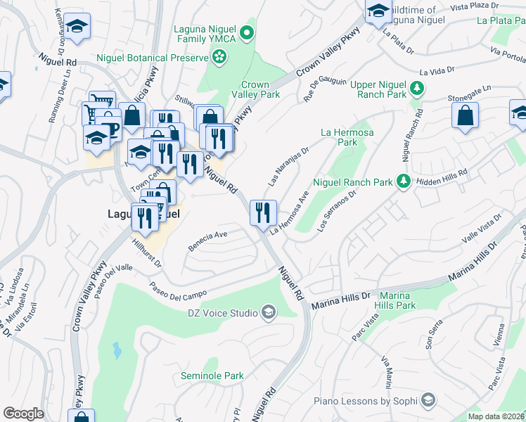 map of restaurants, bars, coffee shops, grocery stores, and more near 24135 Las Naranjas Drive in Laguna Niguel
