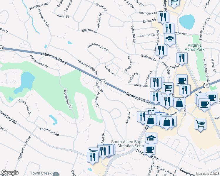 map of restaurants, bars, coffee shops, grocery stores, and more near 13 Bluff Pointe Way in Aiken
