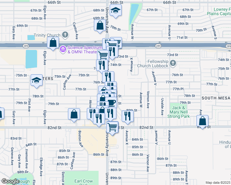 map of restaurants, bars, coffee shops, grocery stores, and more near 7617 University Avenue in Lubbock