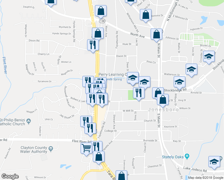 map of restaurants, bars, coffee shops, grocery stores, and more near Fayetteville Road in Jonesboro