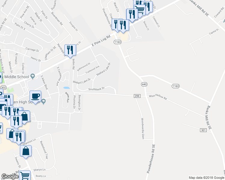 map of restaurants, bars, coffee shops, grocery stores, and more near 336 Southbank Drive in Aiken