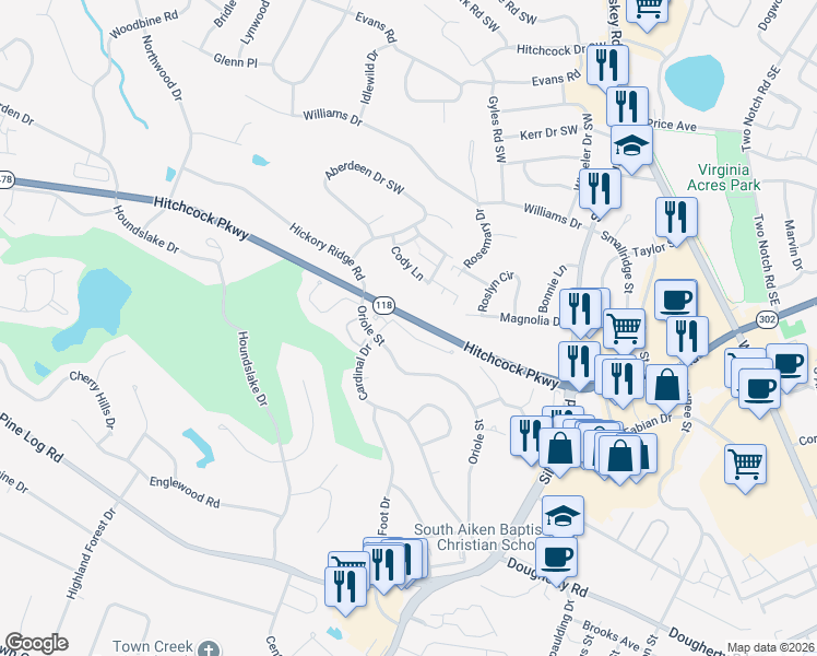 map of restaurants, bars, coffee shops, grocery stores, and more near 3 Bluff Pointe Way in Aiken
