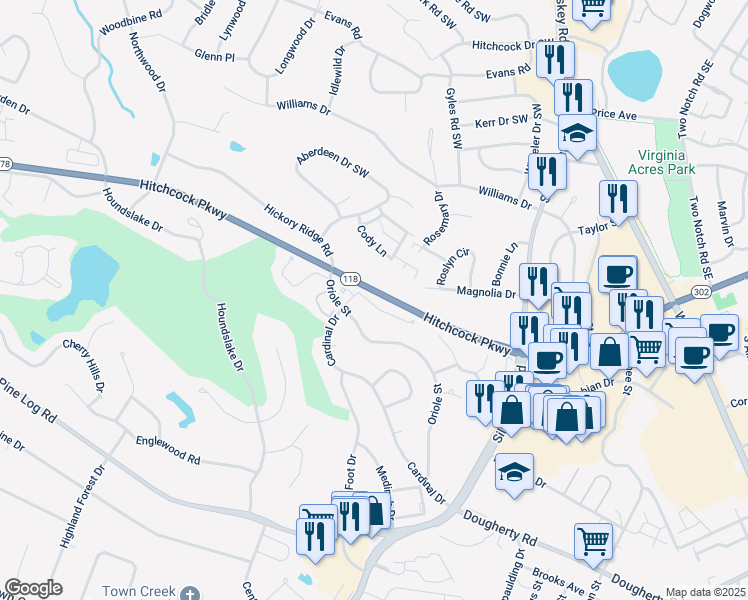 map of restaurants, bars, coffee shops, grocery stores, and more near 3 Bluff Pointe Way in Aiken