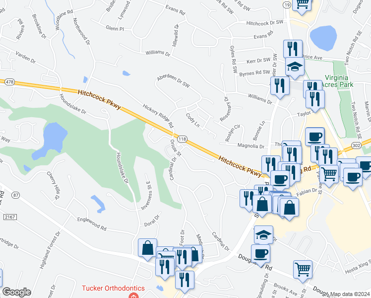 map of restaurants, bars, coffee shops, grocery stores, and more near 2 Bluff Pointe Way in Aiken