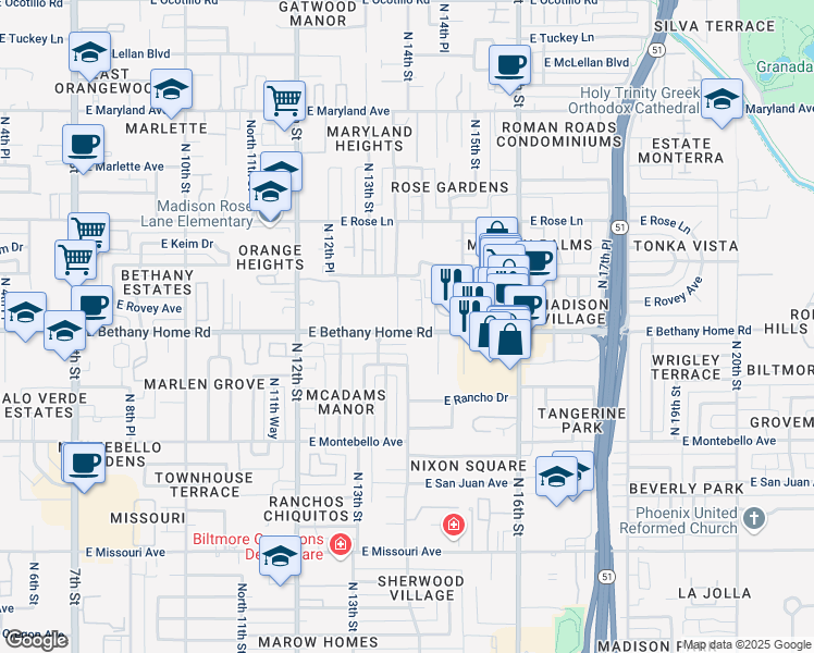 map of restaurants, bars, coffee shops, grocery stores, and more near 1415 East Bethany Home Road in Phoenix