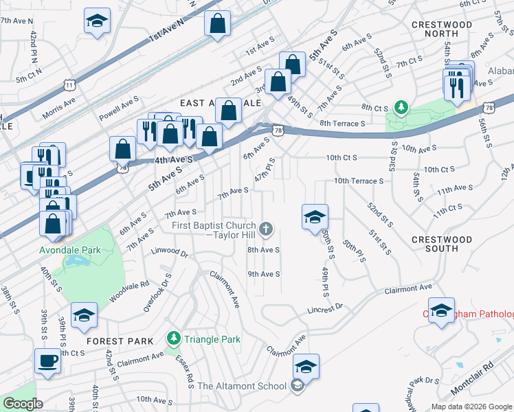 map of restaurants, bars, coffee shops, grocery stores, and more near 729 47th Place South in Birmingham
