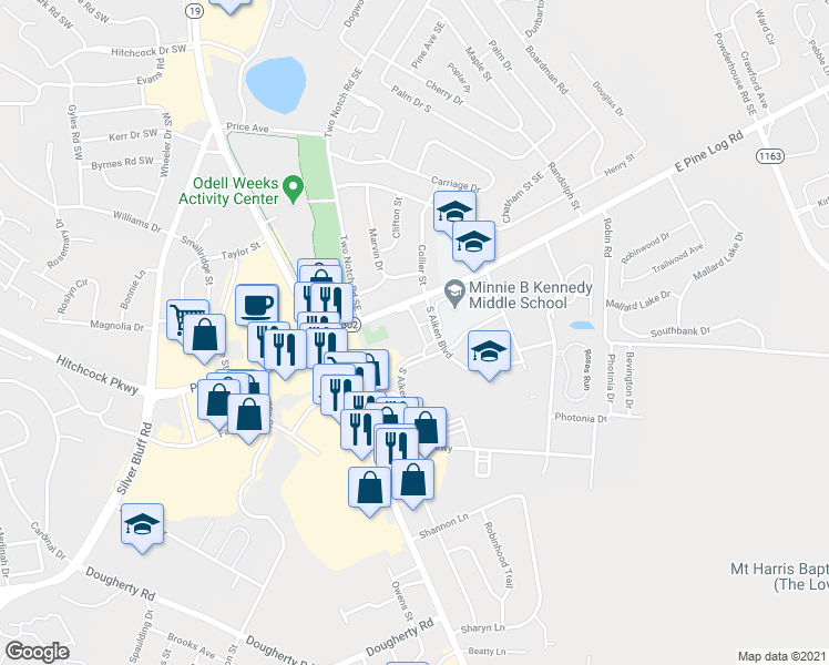 map of restaurants, bars, coffee shops, grocery stores, and more near 223 South Aiken Boulevard in Aiken