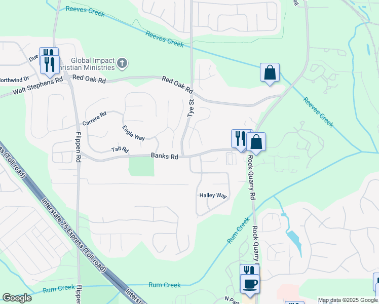 map of restaurants, bars, coffee shops, grocery stores, and more near 101 Brandon Ridge Circle in Stockbridge