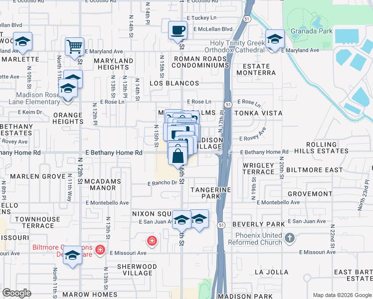 map of restaurants, bars, coffee shops, grocery stores, and more near 1601 East Bethany Home Road in Phoenix