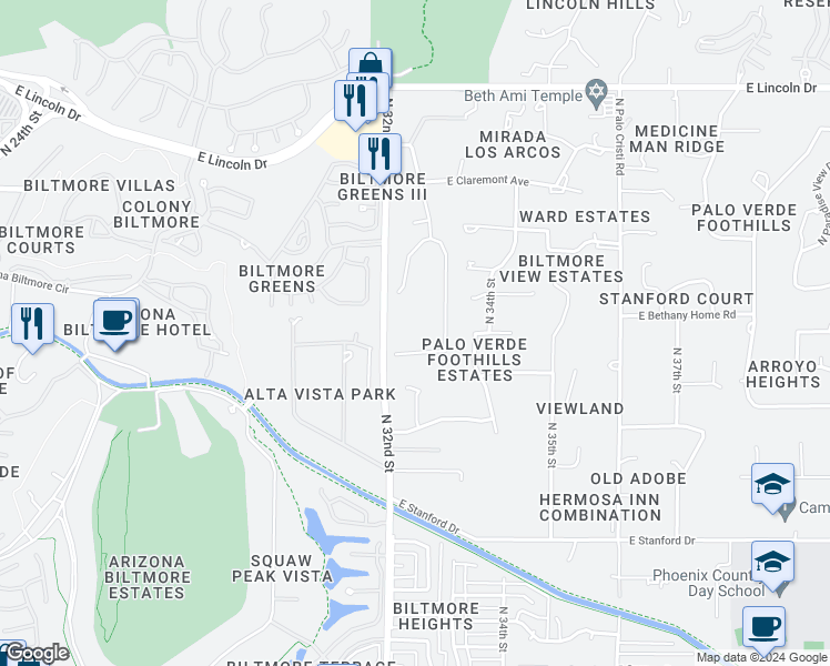 map of restaurants, bars, coffee shops, grocery stores, and more near 3270 East Palo Verde Drive in Paradise Valley