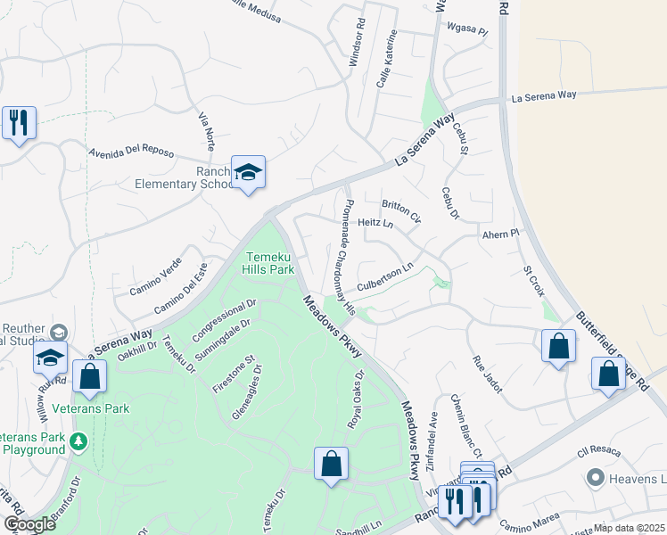 map of restaurants, bars, coffee shops, grocery stores, and more near 41025 Promenade Chardonnay Hills in Temecula