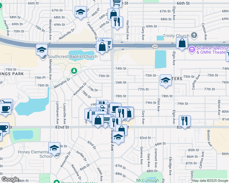 map of restaurants, bars, coffee shops, grocery stores, and more near 3313 77th Street in Lubbock