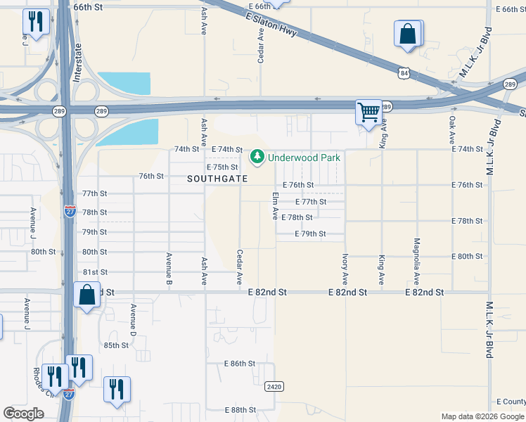 map of restaurants, bars, coffee shops, grocery stores, and more near 7602 Elm Avenue in Lubbock
