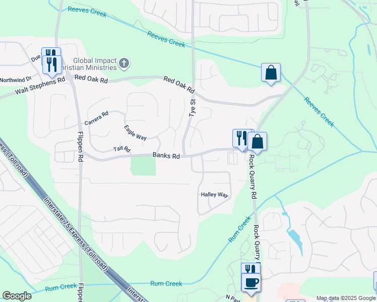 map of restaurants, bars, coffee shops, grocery stores, and more near 107 Brandon Ridge Circle in Stockbridge