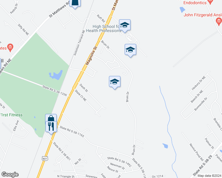 map of restaurants, bars, coffee shops, grocery stores, and more near 601 Bruin Drive in Orangeburg