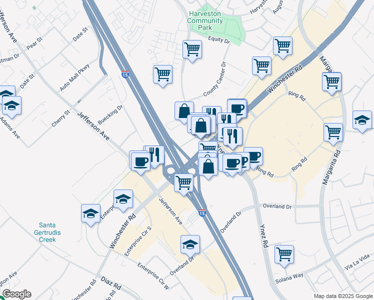 map of restaurants, bars, coffee shops, grocery stores, and more near Unnamed Road in Temecula
