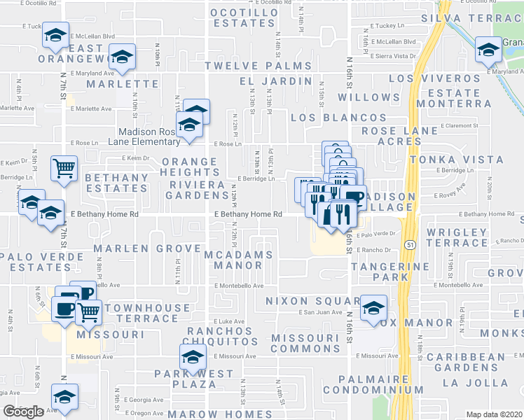 map of restaurants, bars, coffee shops, grocery stores, and more near 1320 East Bethany Home Road in Phoenix