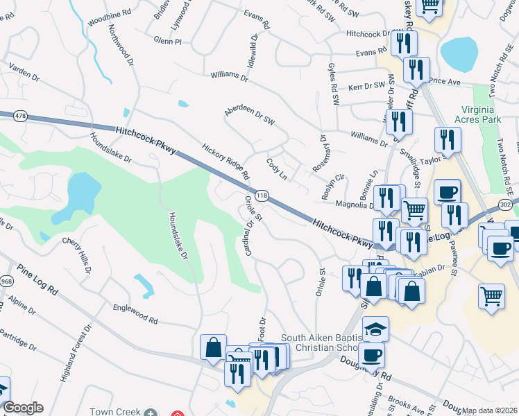 map of restaurants, bars, coffee shops, grocery stores, and more near 2 The Corners in Aiken