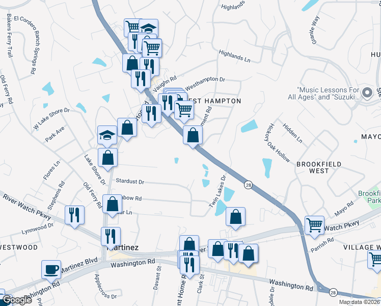 map of restaurants, bars, coffee shops, grocery stores, and more near 332 Furys Ferry Road in Martinez