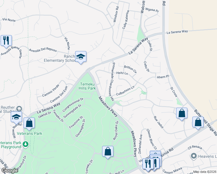 map of restaurants, bars, coffee shops, grocery stores, and more near 41025 Promenade Chardonnay Hills in Temecula