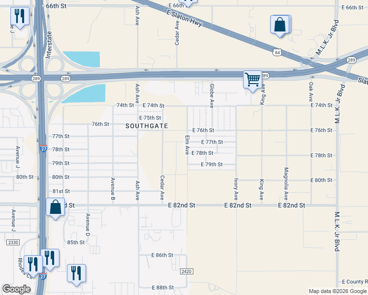 map of restaurants, bars, coffee shops, grocery stores, and more near 7602 Elm Avenue in Lubbock