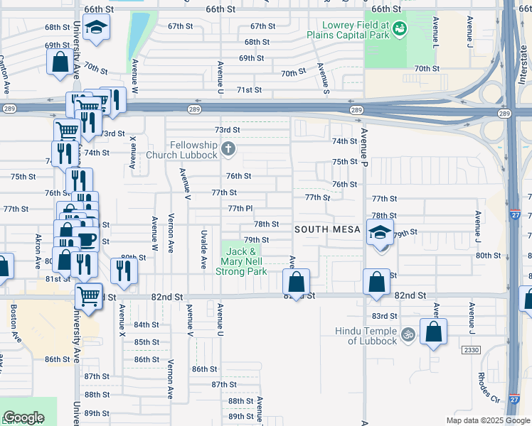 map of restaurants, bars, coffee shops, grocery stores, and more near 1916 78th Street in Lubbock