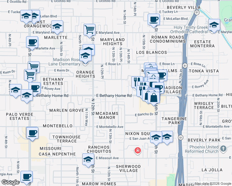 map of restaurants, bars, coffee shops, grocery stores, and more near 1317 East Bethany Home Road in Phoenix